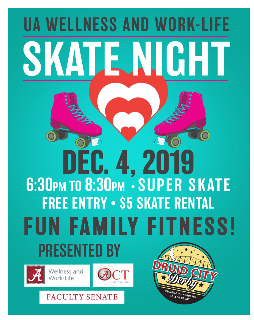 Skate Night event on December 4th.  Personal care and toiletry items being collected at the event for Alabama REACH and Brewer-Porch students. Three donated items = raffle ticket for Druid City Derby season tickets.